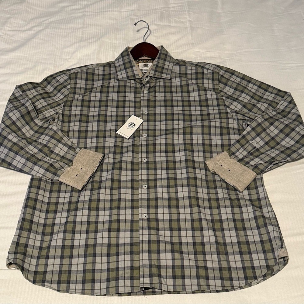 Society of Threads NYC Mens XL Plaid Button Down Shirt Olive Green Grey NWT